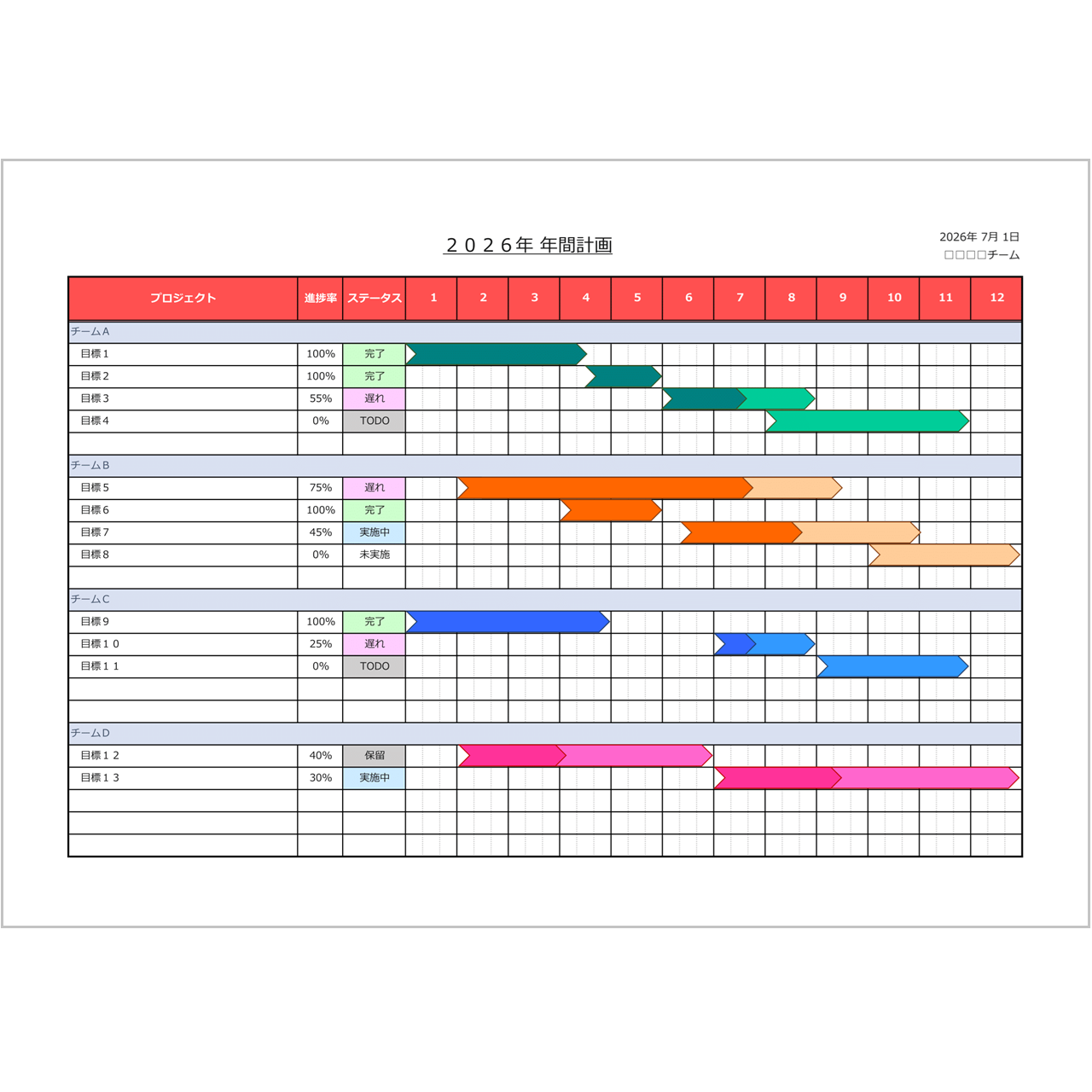【月別ガントチャート】年間計画に最適な無料Excelテンプレート｜進捗・ステータス管理・入力補助付き