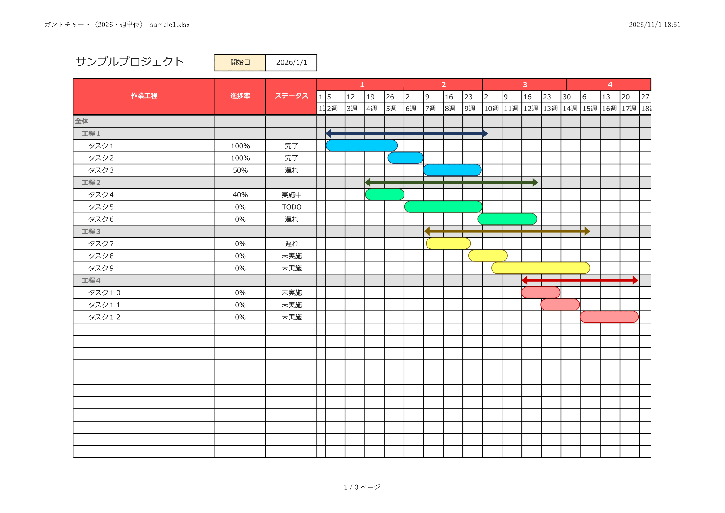 ガントチャート（週毎）・シンプル・入力補助・フィルター付き・サンプル付き（サンプル１・角丸）