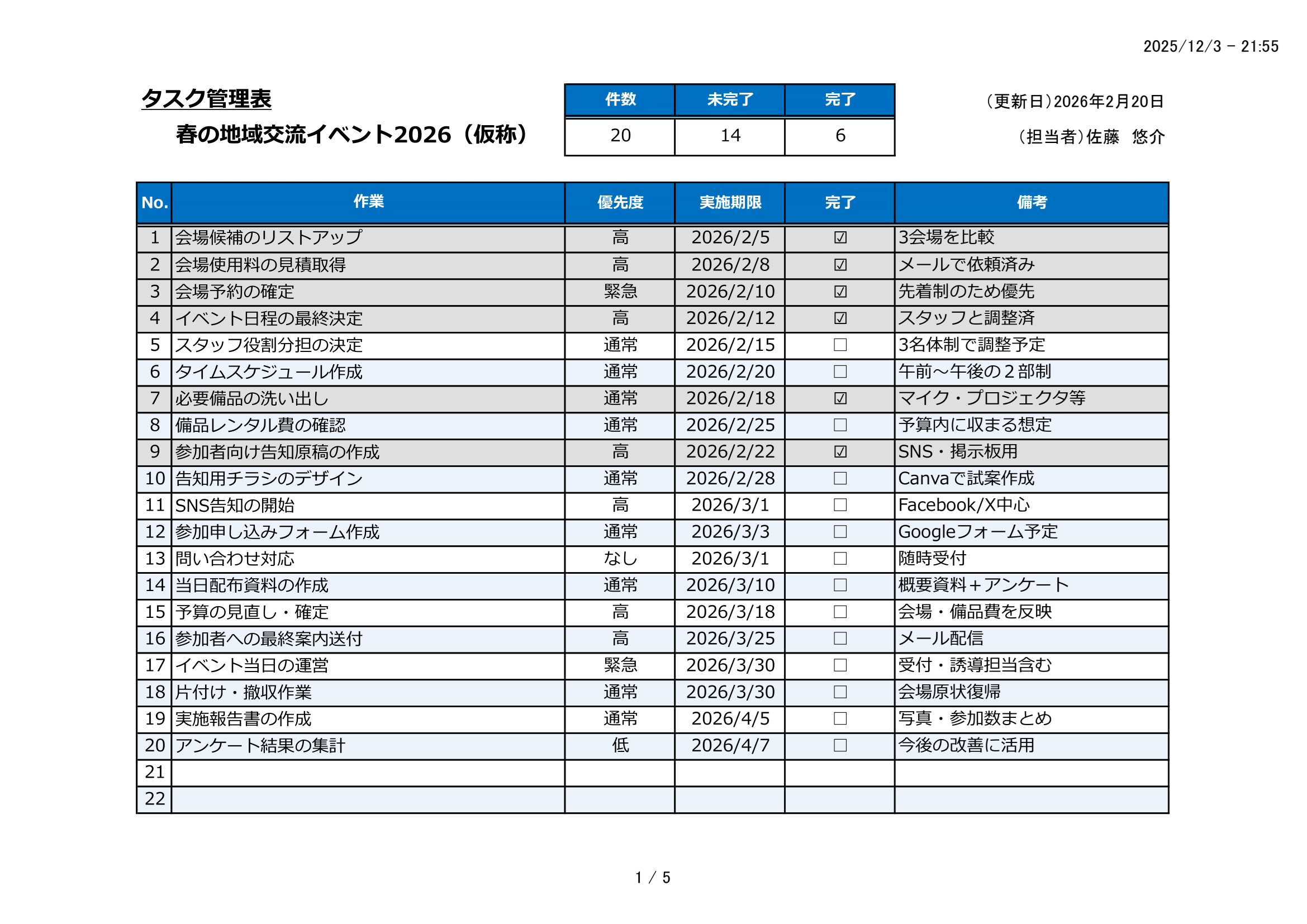 タスク管理表テンプレート｜Excel・無料・個人用・集計・入力補助・フィルター付き